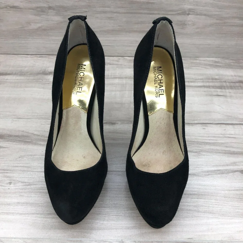 Michael Kors Heels Womens 7.5M York Black Suede Slip on Stiletto Platform Shoes